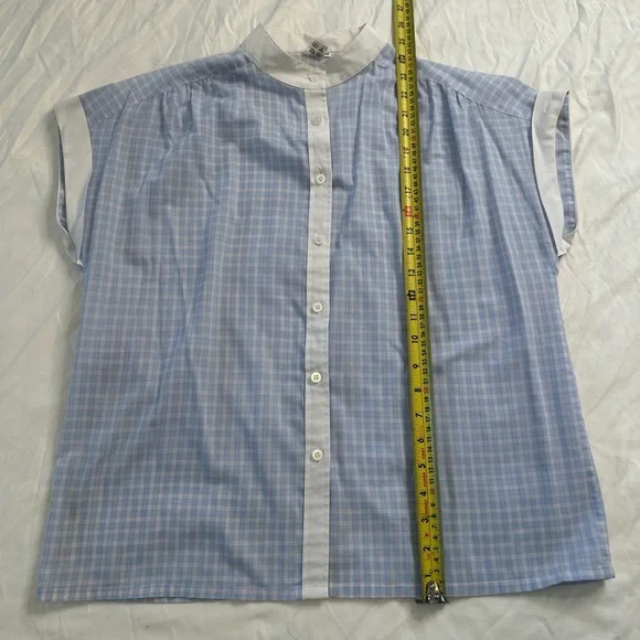 Vintage C&A Blue Checkered Blouse Mandarin Collar Short Sleeve ButtonDown Top 14 - Picture 7 of 9
